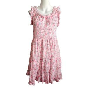 La Plage Molly Dress In Floral Sorbet Pink‎ Tiered Mini XS Cottagecore